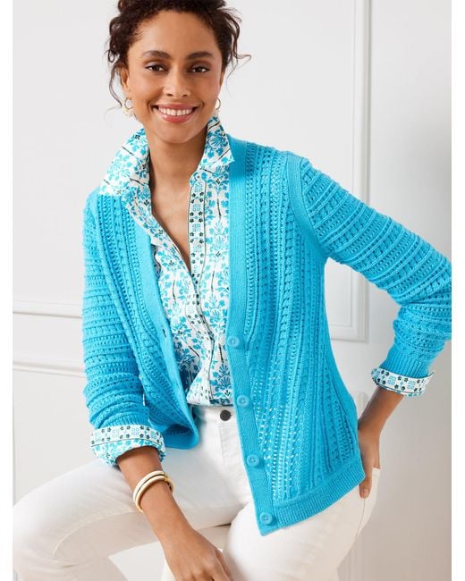 Talbots Blue Pointelle Knit V-neck Cardigan Sweater