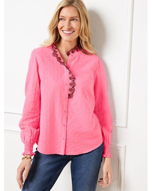 Talbots Pink Embroidered Smocked Top