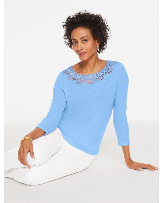 Talbots Blue Lace Trim Crewneck Top