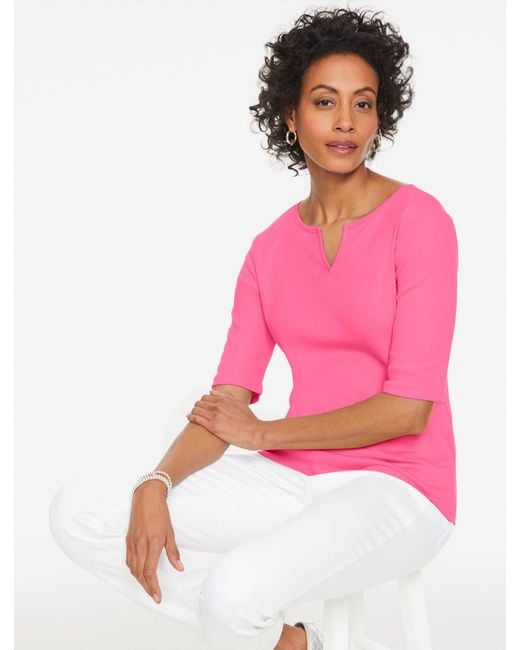 Talbots Pink Elbow Sleeve Split Neck T-shirt