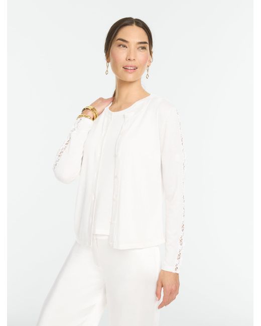 Talbots White Lace Trim Crewneck Cardigan Sweater