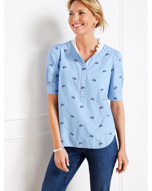 Talbots Blue Ruffle Neck Top