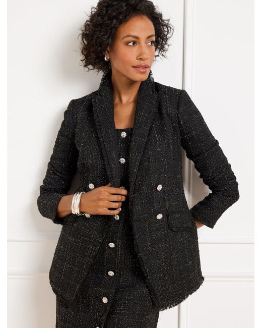 Talbots Black Metallic Fringe Tweed Double Breasted Blazer