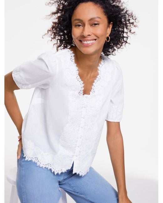 Talbots White Lace Trim Voile Elbow Sleeve Top