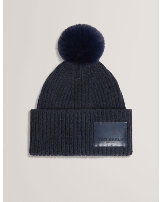 Ted Baker Blue Sershii Rib Knit Branded Bobble Hat