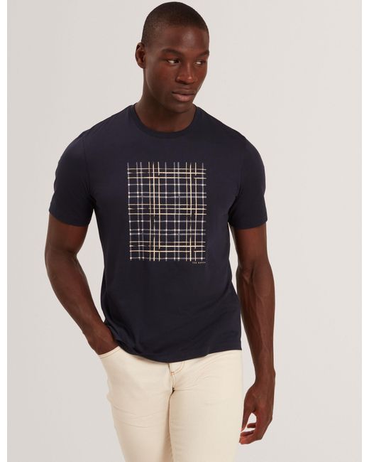 Ted Baker Blue Sionan Check Box Print Pure Cotton T-Shirt for men