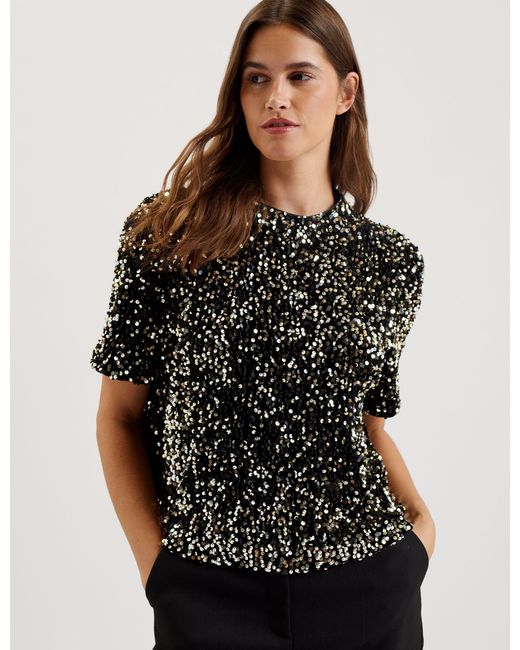 Ted Baker Black Sequined Velvet Short Sleeve Blouse Top Uk 1