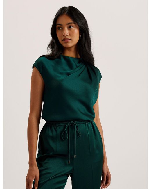 Ted Baker Green Satin Drape Neck Detail Blouse Casual Tops For Fashionable Shirts Ladies Blouses