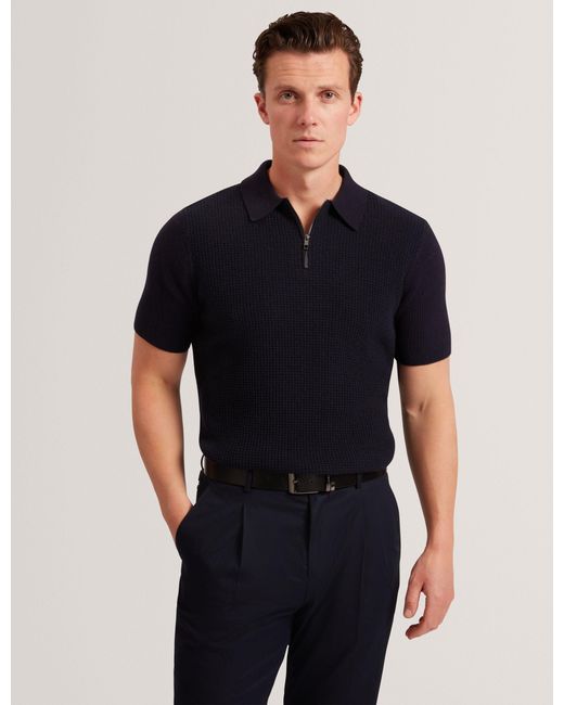 Ted Baker Black Jaylon Waffle Knit Zip Neck Short Sleeve Polo for men