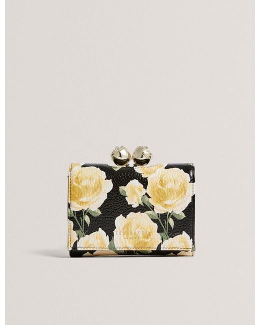 Ted Baker Black Albo Rose Print Bobble Clasp Leather Trifold Purse