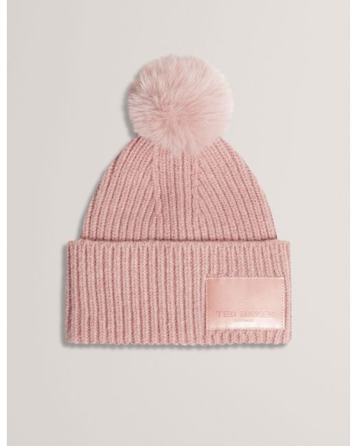 Ted Baker Pink Sershii Rib Knit Branded Bobble Hat