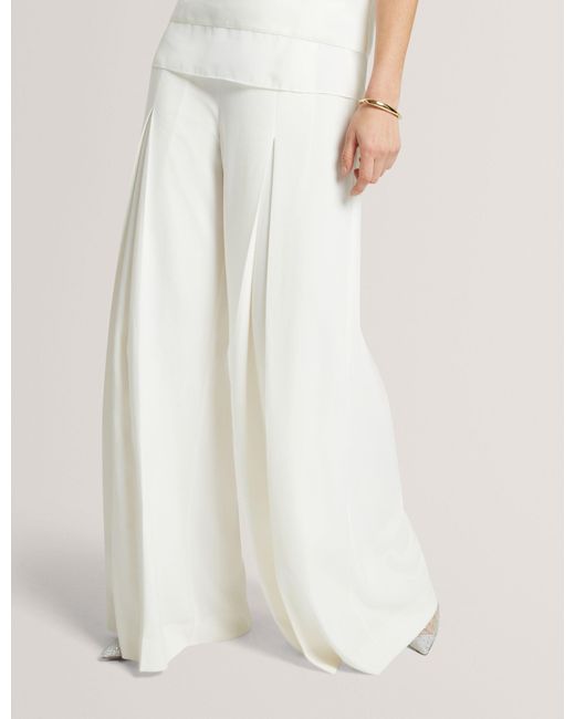 Ted Baker White Aepi Inverted Pleat Crepe Wide Leg Trousers