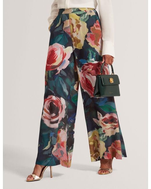 Ted Baker Blue Opulena Rose Print Stretch Waist Wide Leg Trousers