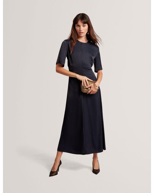 Ted Baker Blue Plumma Satin Ruched Waist Short Sleeve Midi Dress