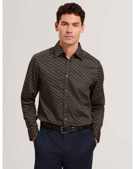 Ted Baker Black Kristov Dash Print Cotton Long Sleeve Shirt for men