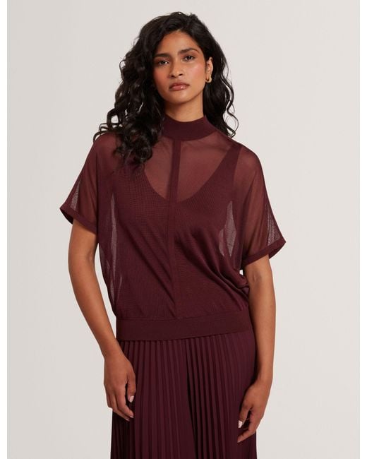 Ted Baker Red Ibissa Sheer Panel Knit Short Sleeve Top