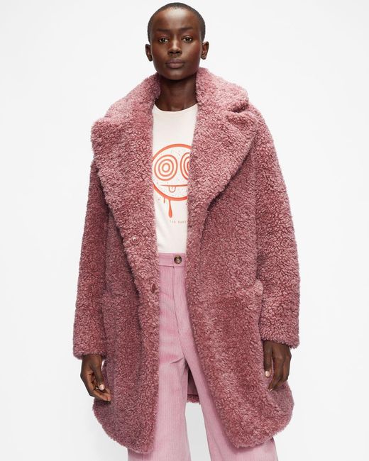 Ted Baker Faux Fur Cocoon Coat With Wide Collar in Pink | Lyst Canada