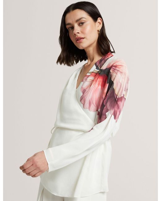 Ted Baker White Joleene Print Detail Wrap Front Long Sleeve Blouse