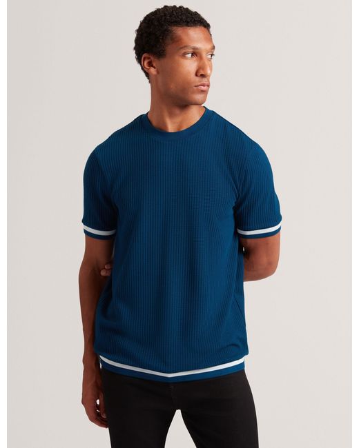 Ted Baker Blue Ivanan Texture Rib Knit Short Sleeve T-Shirt for men