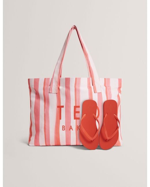 Ted Baker Red Octavy Striped Beach Bag & Flip Flops Set