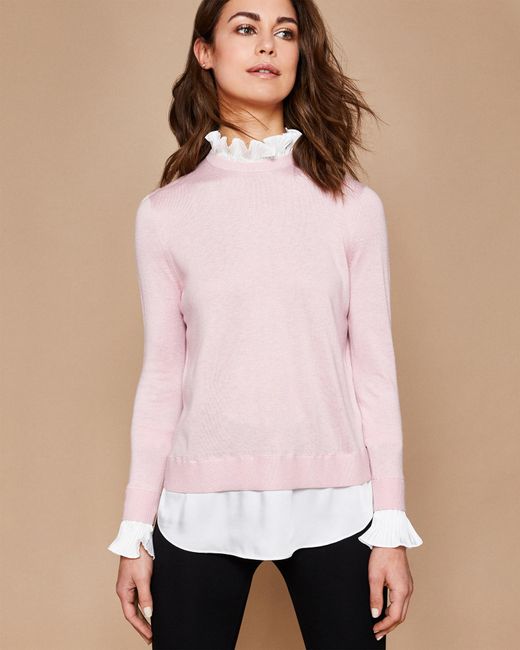 Pleated Neck Mock Shirt Jumper in Pink 