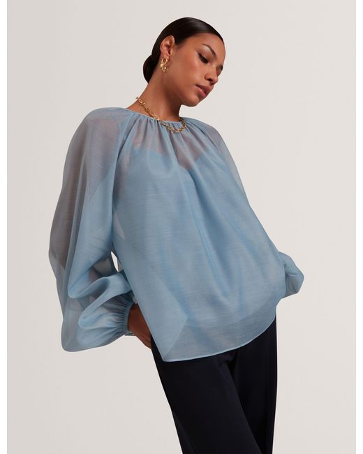 Ted Baker Blue Eelana Organza Long Balloon Sleeve Blouse