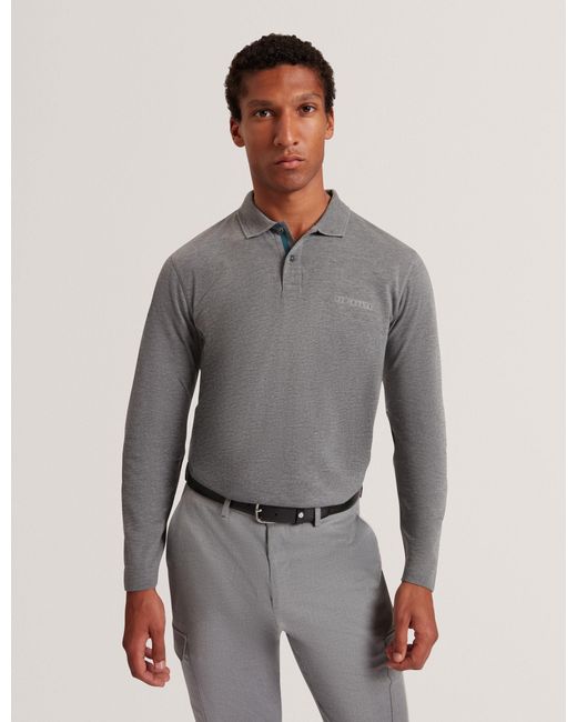Ted Baker Gray Woan Honeycomb Trim Pique Long Sleeve Polo for men