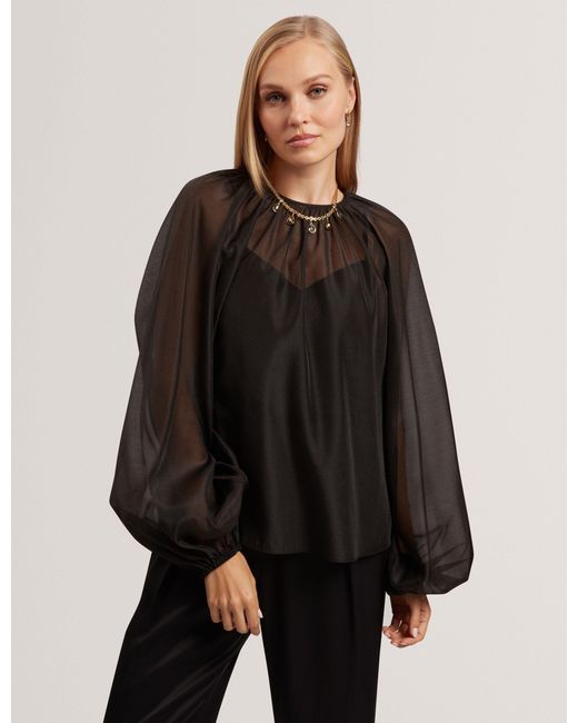Ted Baker Black Eelana Organza Long Balloon Sleeve Blouse