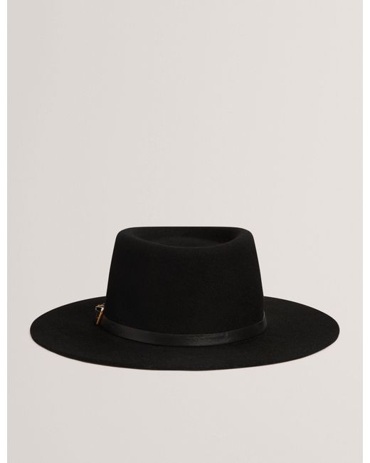 Ted Baker Black Jillli Leather Buckle Pure Wool Fedora Hat