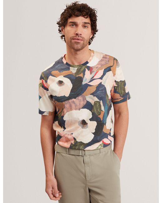 Ted Baker Natural Dowlle Garden Print Crew Neck Cotton T-Shirt for men