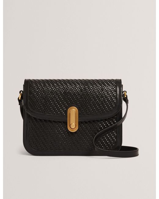 Ted Baker Black Warnerr Woven Leather Twist Lock Crossbody Bag