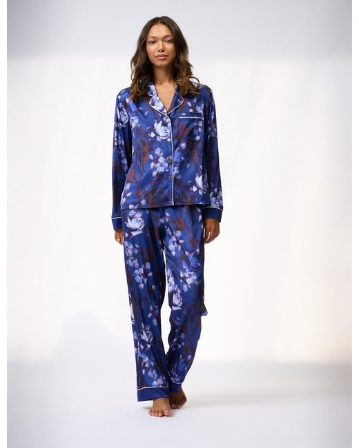 Ted Baker Blue Isla Floral Print Satin Long Pyjama Set