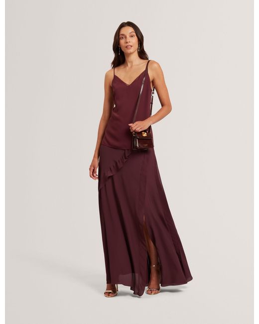 Ted Baker Red Frill Trim Split Front Crepe Maxi Skirt