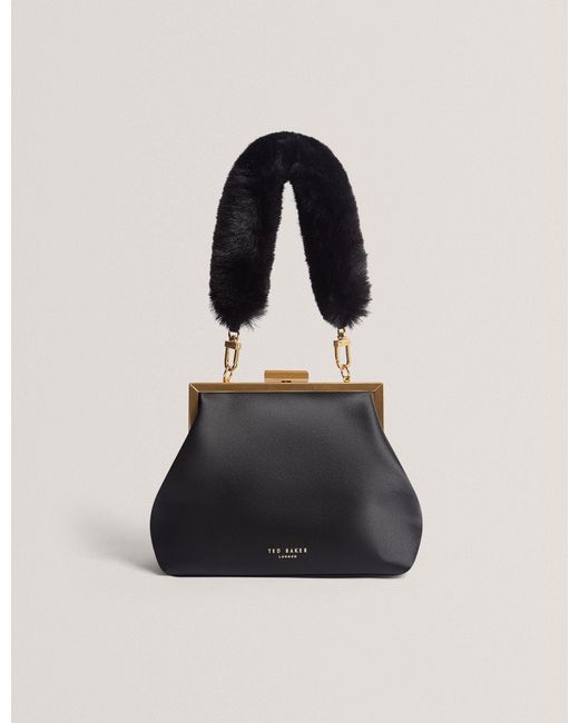 Ted Baker Black Purcey Satin Clutch Bag With Faux Fur Handle