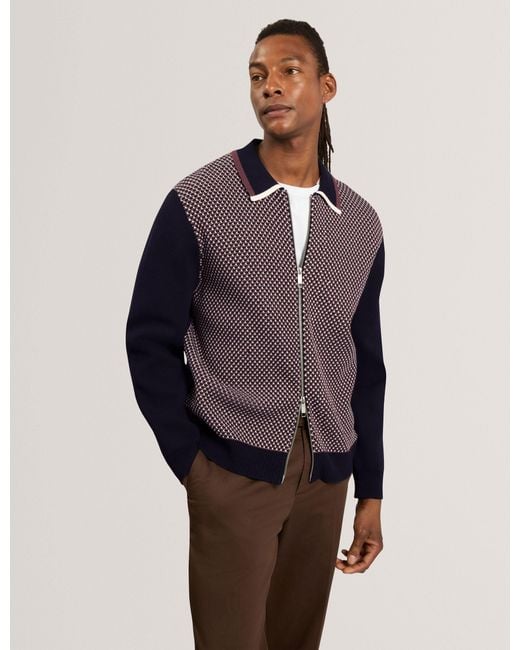 Ted Baker Blue Mescal Wool Blend Waffle Stitch Zip Jacket for men