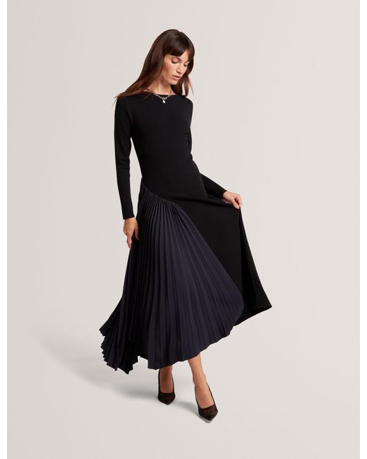 Ted Baker Black Belviee Pleated Panel Long Sleeve Knit Midi Dress