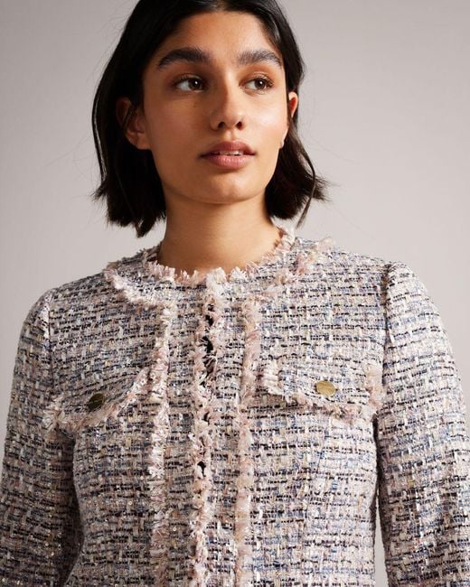 Ted Baker Multicolor Cropped Boucle Jacket With Fray Detail