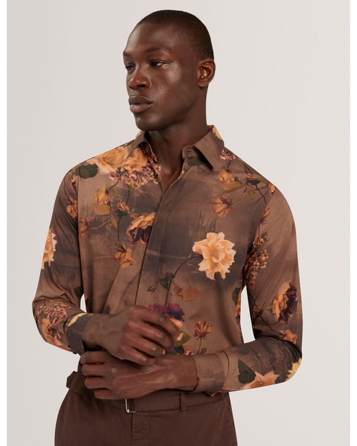 Ted Baker Brown Hadwin Relaxed Painted Floral Cotton Shirt for men