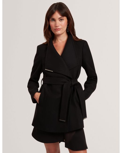 Ted Baker Black Rosess Short Belted Wool Wrap Coat