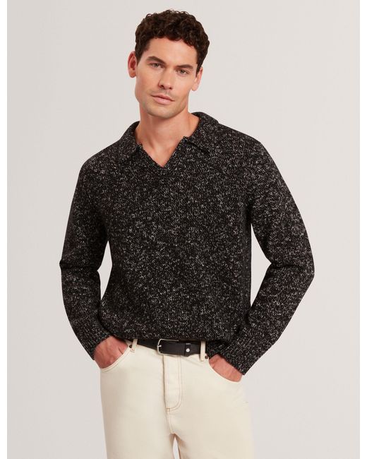 Ted Baker Black Berreto Melange Knit Long Sleeve Polo Shirt for men