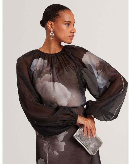 Ted Baker Black Floral Graphic Long Sleeve Organza Blouse