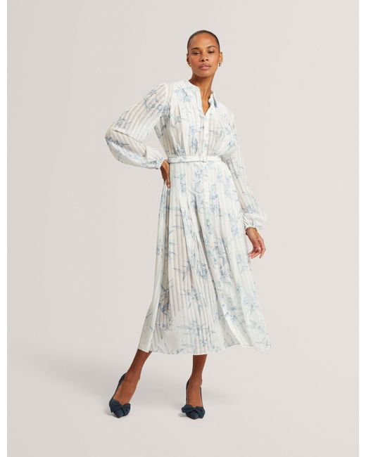 Ted Baker Natural Bernia Sketch Floral Pleated Midi Shirt Dress