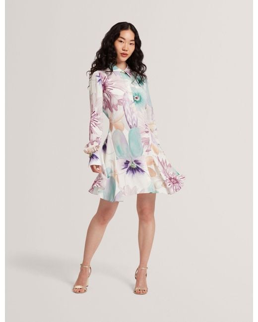 Ted Baker White Pastel Floral Print Mini Shirt Dress