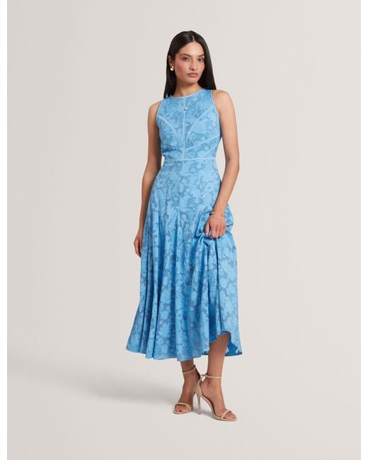 Ted Baker Blue Leesaa Floral Texture Sleeveless A-Line Midi Dress