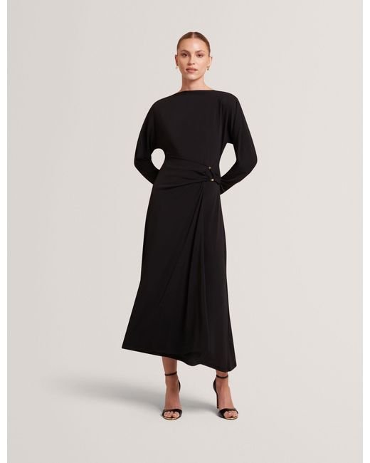 Ted Baker Black Ralhaa Wrapover Jersey Long Sleeve Midi Dress