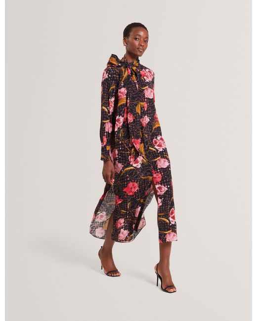 Ted Baker Red Elann Floral Check Tie Neck Midi Shirt Dress