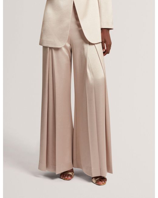 Ted Baker Natural Platy Satin Front Pleat Wide Leg Trousers