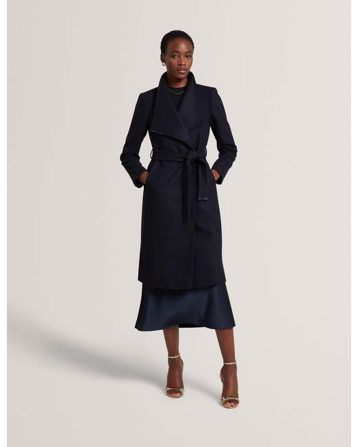 Ted Baker Black Rose Mid Length Belted Wool Wrap Coat
