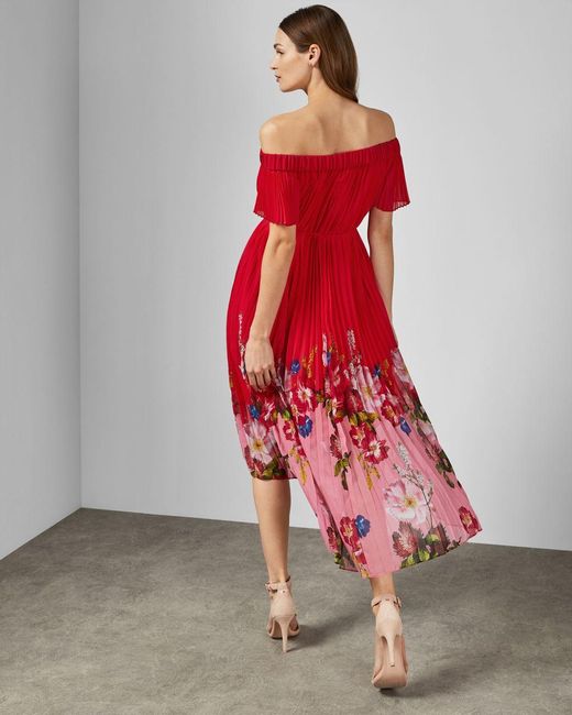 Ted Baker Berry Sundae Bardot Floral Off-the-shoulder Pleated High-low Dress  in Red | Lyst