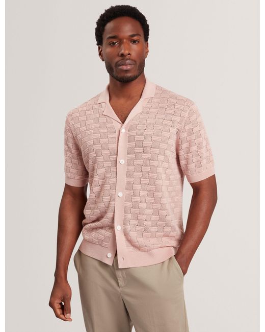 Ted Baker Pink Rowwann Basket Knit Silk Blend Short Sleeve Shirt for men